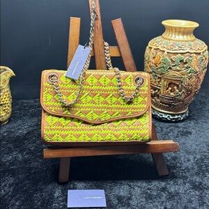 Rebecca Minkoff Neon Green and Brown Woven Handbag